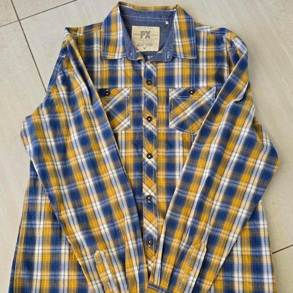 PX Mens Plaid Long Sleeve SZ M Button Up Western Yellow & Blue Shirt 100% Cotton
